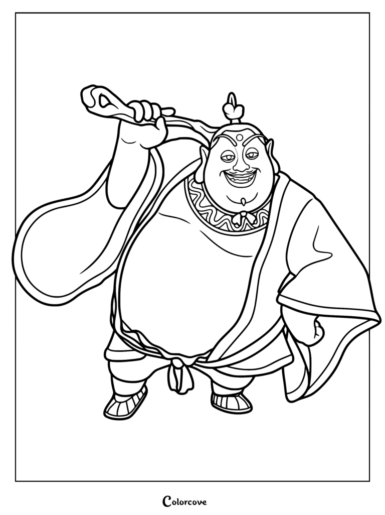 Taiyi Zhenren from the Ne Zha movie standing with a playful grin and holding a magical staff in a line-art coloring page style.