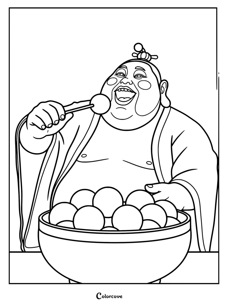 A printable coloring page featuring the jolly immortal Taiyi Zhenren with a rounded face, happily eating from a large bowl filled with round dumplings.