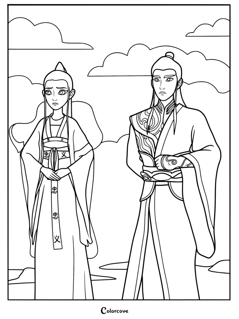 A printable coloring page featuring Lu Tong and He Tong in traditional flowing Chinese robes standing against a cloudy background.