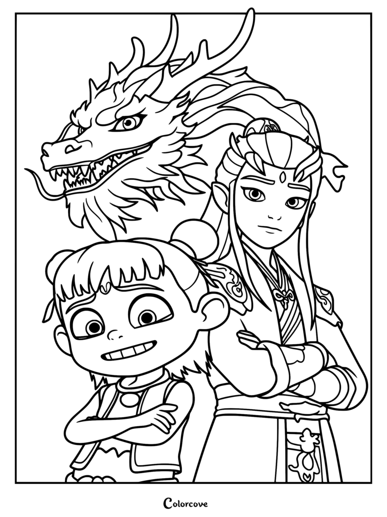 A printable coloring page featuring Ne Zha and Ao Bing standing back-to-back with a powerful dragon silhouette looming behind them.