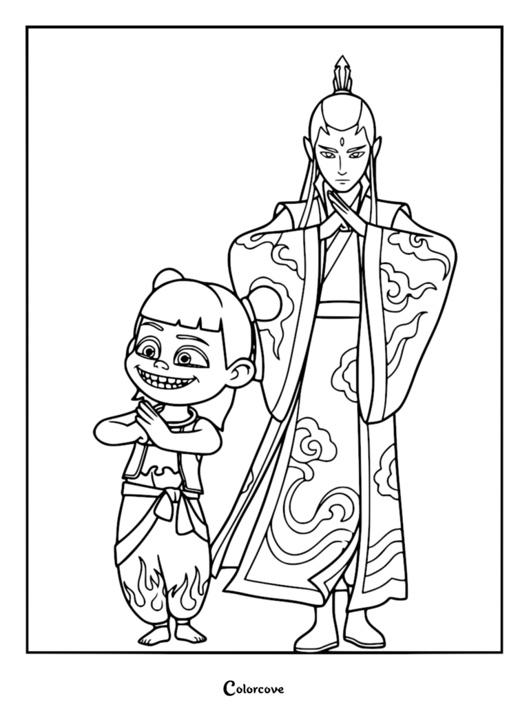 A printable coloring page featuring the rebellious Ne Zha and the calm Ao Bing standing side-by-side, both performing a traditional respectful bow, with clear outlines of their distinct outfits and hairstyles.