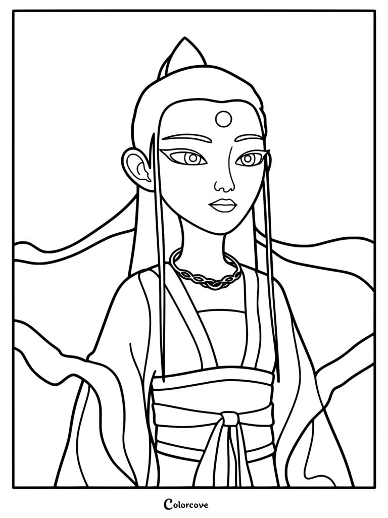 A detailed coloring page of Ao Bing from Ne Zha, featuring his elegant flowing robes, ornate necklace, and calm expression.