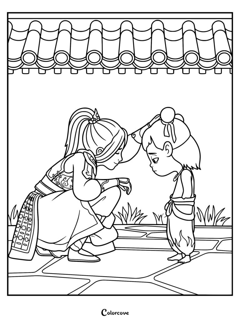 Lady Yin kneeling and tenderly patting the head of young Ne Zha in this black and white printable coloring page, set against a traditional tiled roof background.