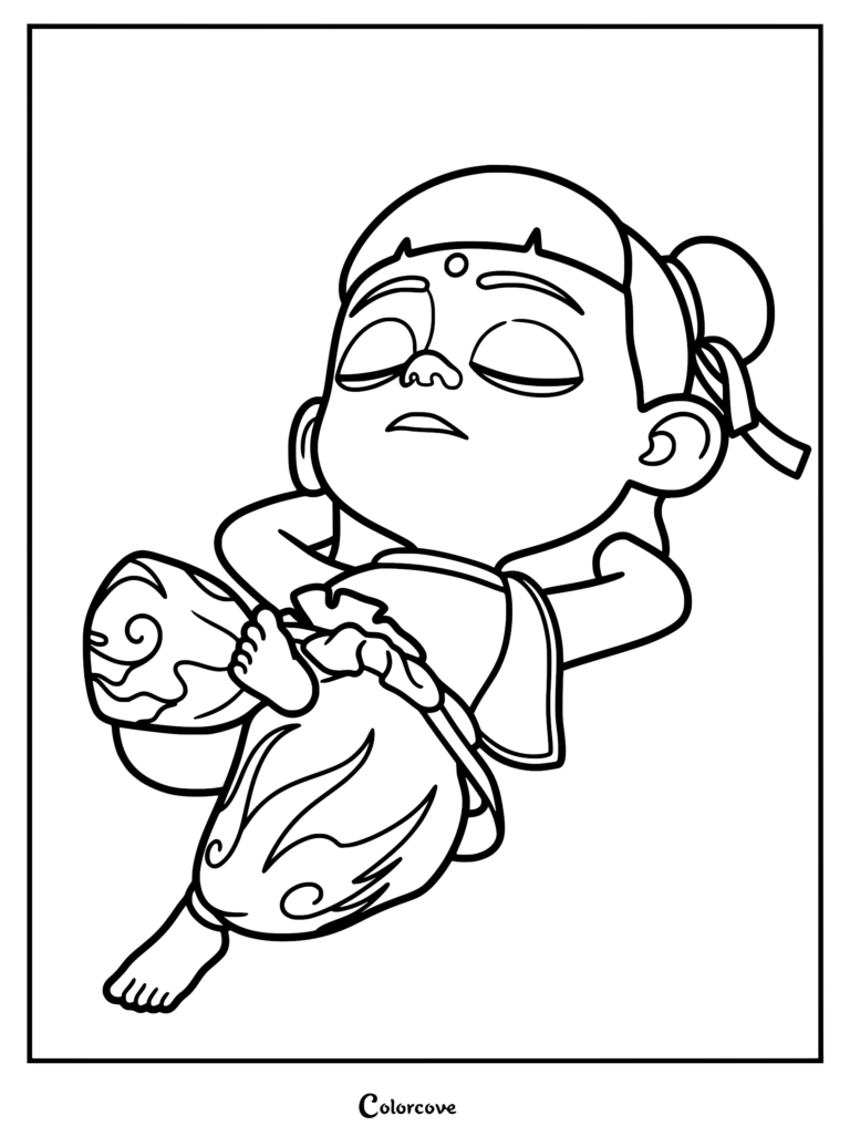 A printable coloring page featuring a peaceful Ne Zha lying down with his hands behind his head and eyes closed, wearing traditional loose-fitting pants and a top.