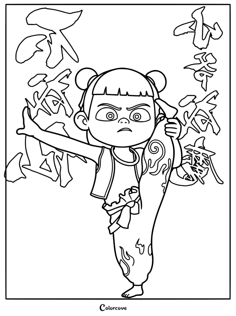 A detailed coloring page of Ne Zha from the 2019 film performing a powerful high kick with one leg lifted, wearing his signature vest and trousers with flame patterns, framed by Chinese calligraphy characters.