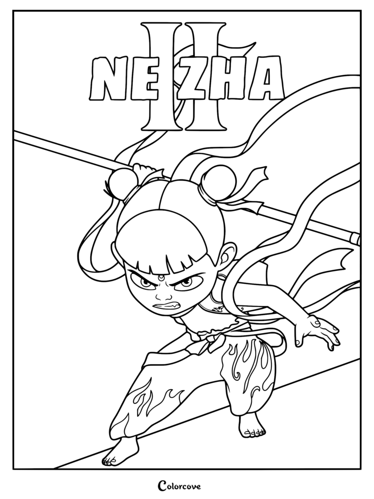 A bold line art coloring page of Ne Zha from Ne Zha 2, featuring the protagonist in an aggressive combat stance with his iconic spear, top knots, and flowing ribbons, set beneath the large movie title text.