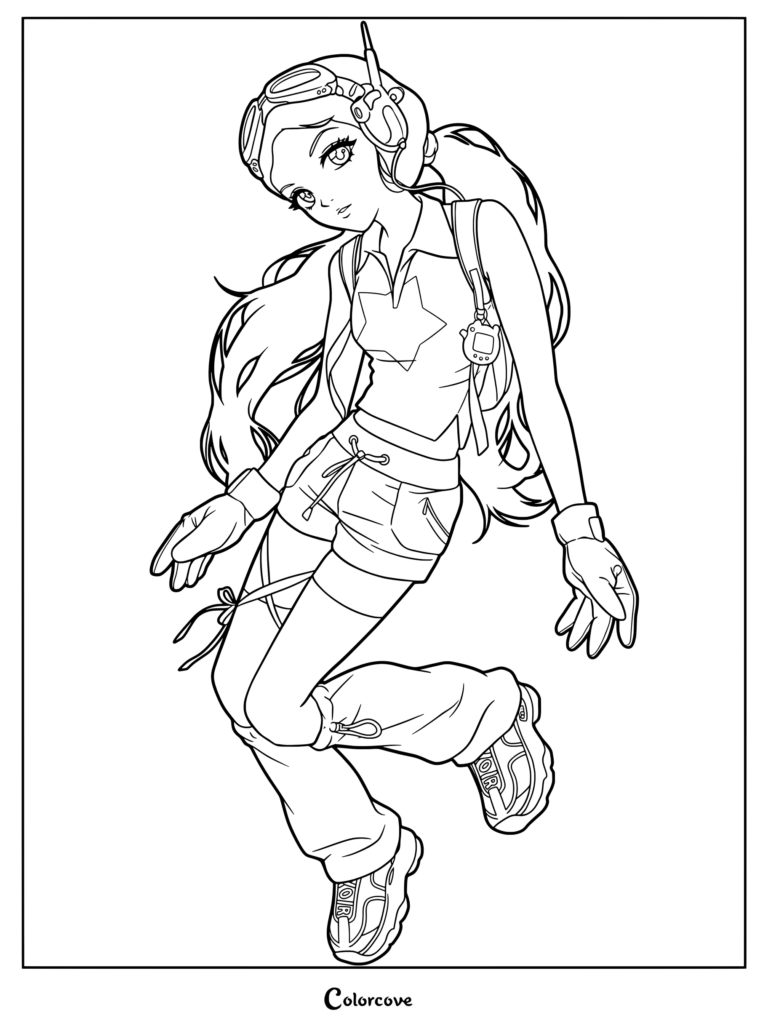 Coloriage style anime de Danielle de NewJeans présentant un personnage avec des lunettes de protection et un casque audio.