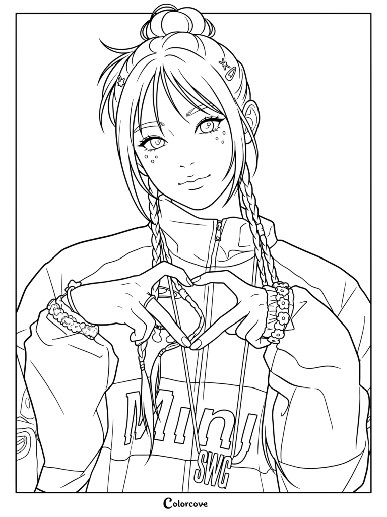 Coloriage de Minji de NewJeans la montrant portant une veste zippée bleue et blanche, les cheveux tressés, faisant un signe de cœur avec les doigts.