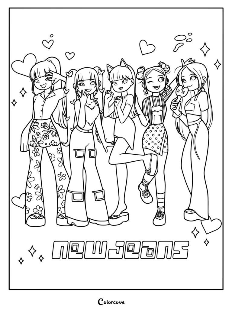 Mignon coloriage fanart en dessin animé du groupe de K-pop NewJeans dans leurs tenues du clip vidéo NewJeans.