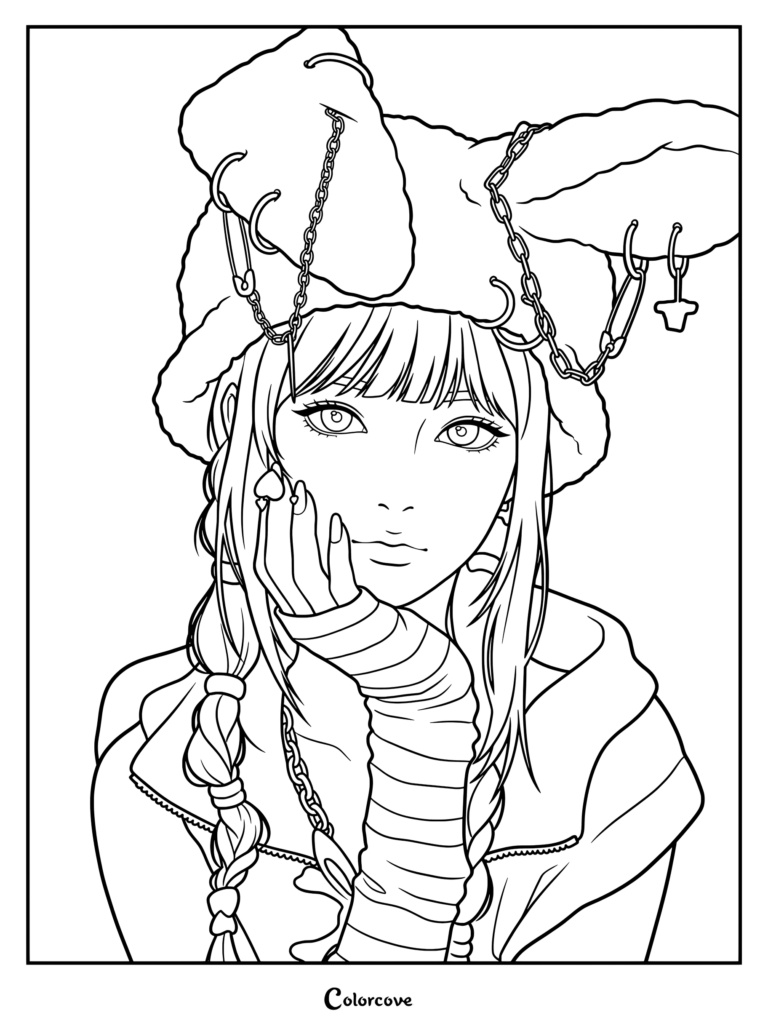 Coloriage NewJeans de Hanni portant un bonnet de lapin rose pelucheux décoré d'épingles à nourrice et de chaînes.