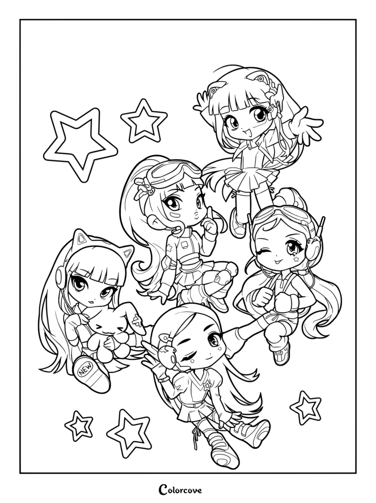 Coloriage fanart style chibi du groupe de K-pop NewJeans inspiré de leur époque Cool With You, entourées d'étoiles.