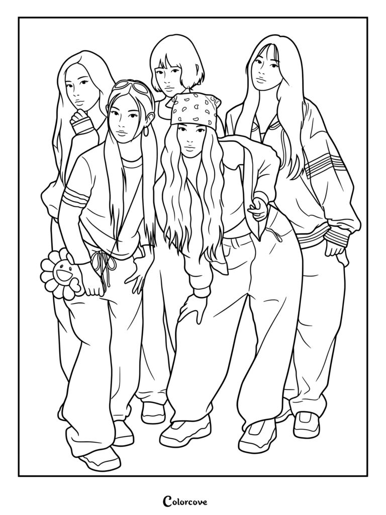 Coloriage de NewJeans montrant les membres posant dans du streetwear d'inspiration Y2K sur un fond bleu.