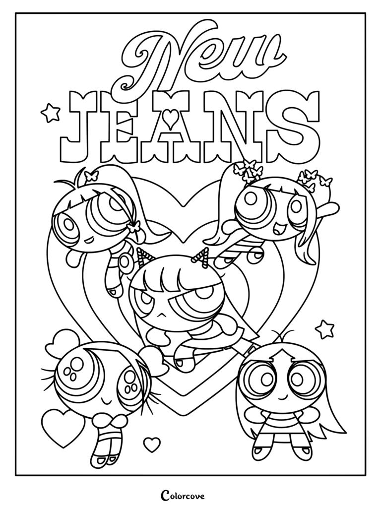 Coloriage de la collaboration NewJeans Get Up et Les Super Nanas représentant les membres sous forme de personnages animés.