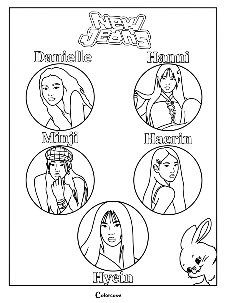 Coloriage à imprimer avec les membres du célèbre groupe de filles sud-coréen NewJeans dans des portraits circulaires avec leurs noms.