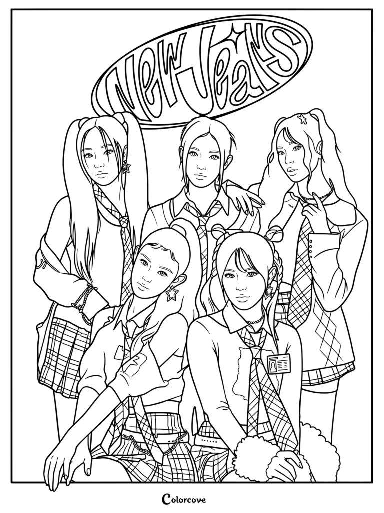 Coloriage à imprimer du célèbre groupe de filles sud-coréen NewJeans en uniformes scolaires.