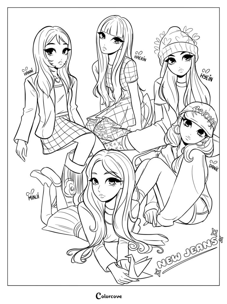 Coloriage fanart numérique des cinq membres de NewJeans : Minji, Hanni, Danielle, Haerin et Hyein dans un style dessin animé mignon.