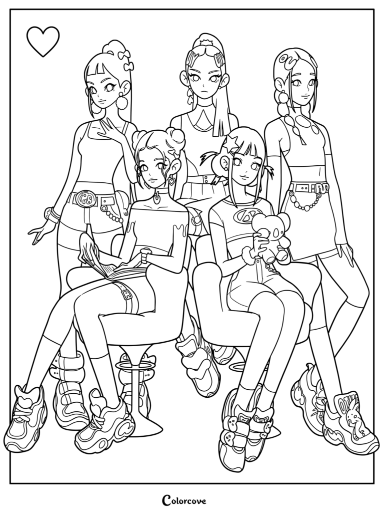 Coloriage fanart de NewJeans avec les membres vêtues de tenues blanches dans une esthétique bleue inspirée de l'ère ASAP et Super Shy.