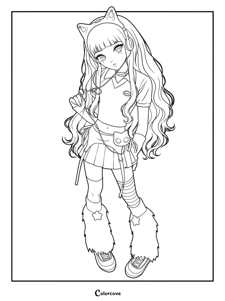 Coloriage style anime de Haerin de NewJeans avec des oreilles de chat et un casque audio.
