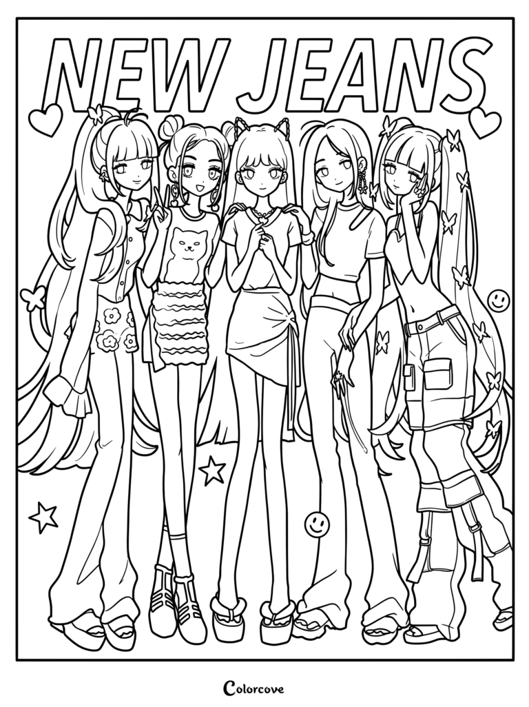 Coloriage fanart style anime des membres de NewJeans (Minji, Hanni, Danielle, Haerin et Hyein) dans des tenues streetwear Y2K et pastel.