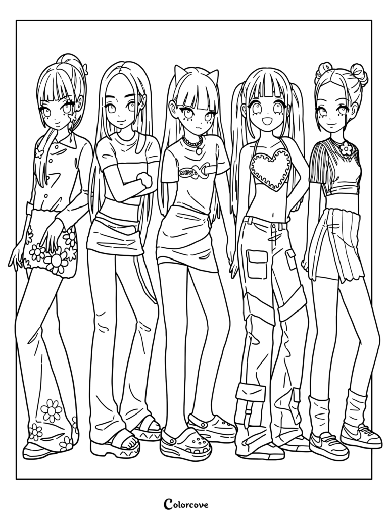 Coloriage NewJeans présentant un fanart illustré des membres du groupe de K-pop féminin dans des tenues décontractées et tendance.