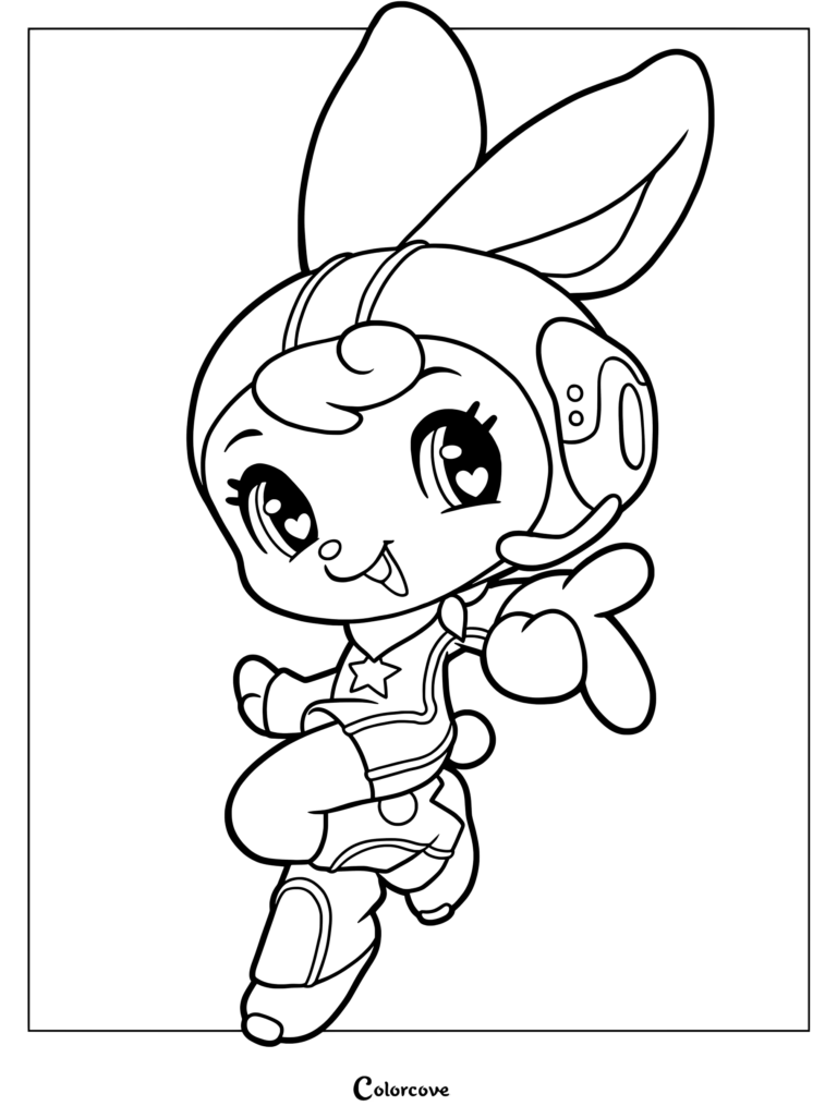 Coloriage gratuit de NewJeans représentant la mascotte lapin style anime de leur 2e EP Get Up, portant un casque et pointant du doigt.