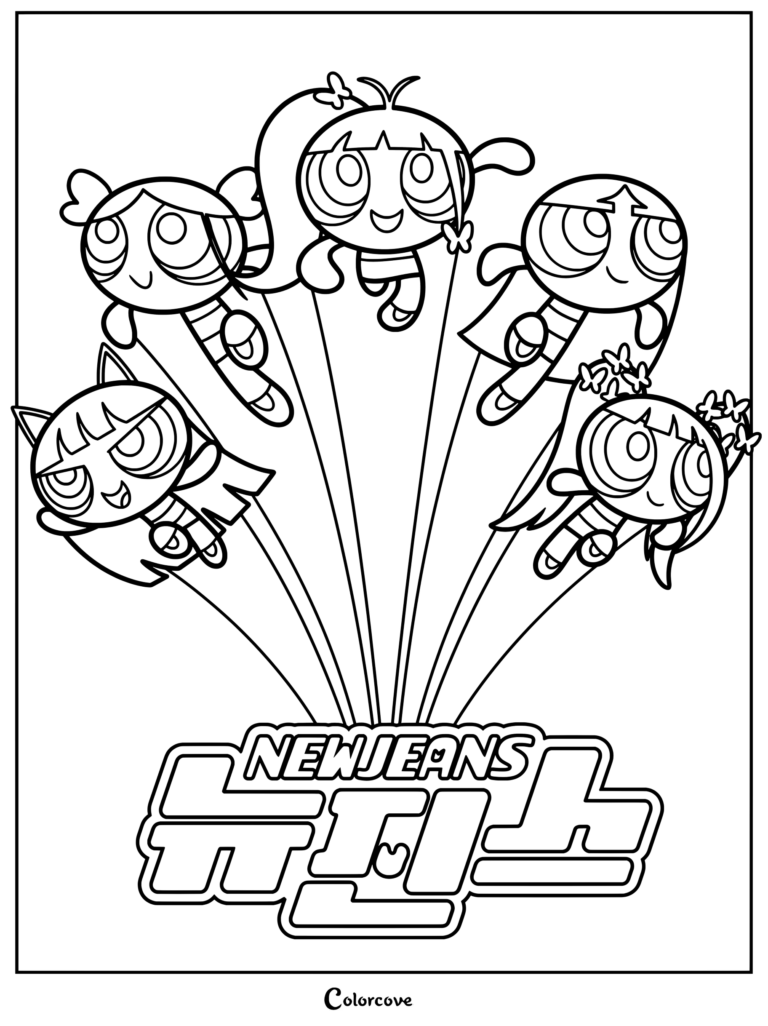 Coloriage NewJeans présentant l'illustration collaborative et le logo du projet d'EP Get Up avec Les Super Nanas.