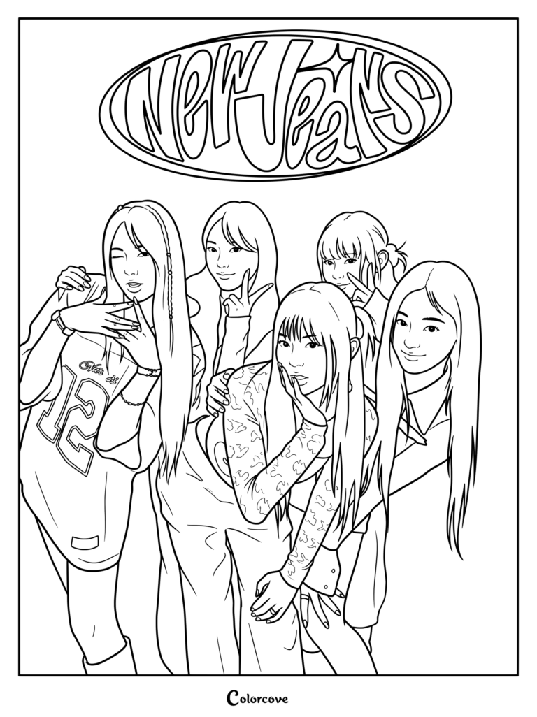 Coloriage NewJeans à imprimer mettant en scène le groupe féminin sud-coréen posant ensemble devant un fond bleu.