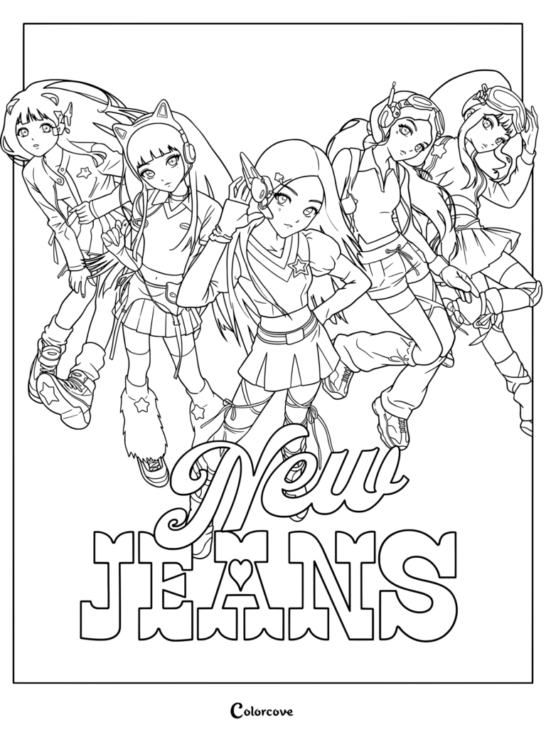 Un coloriage de style anime du groupe de K-pop NewJeans avec des éléments esthétiques Y2K.