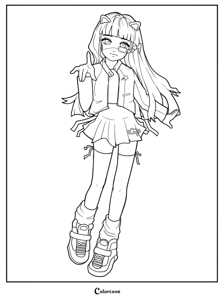 Coloriage style anime de Hanni de NewJeans dans une tenue élégante.
