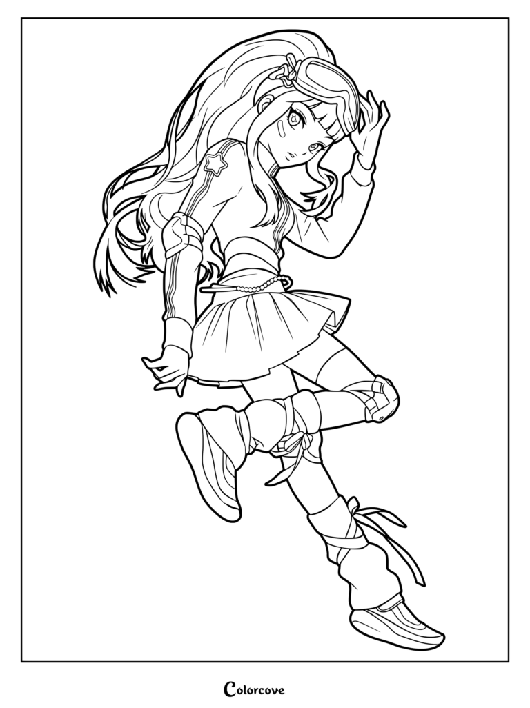 Coloriage style anime de Hyein de NewJeans dans une pose dynamique avec des lunettes de protection.