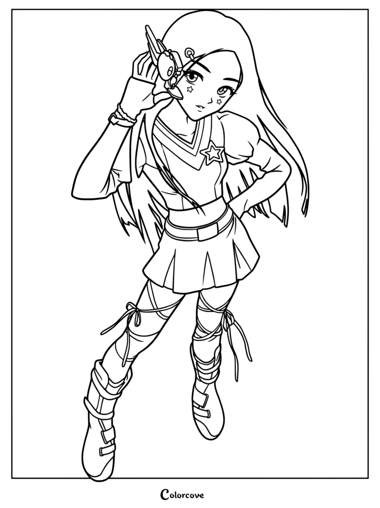 Coloriage style anime de Minji de NewJeans présentant une idole futuriste en jupe plissée et bottes à lacets.