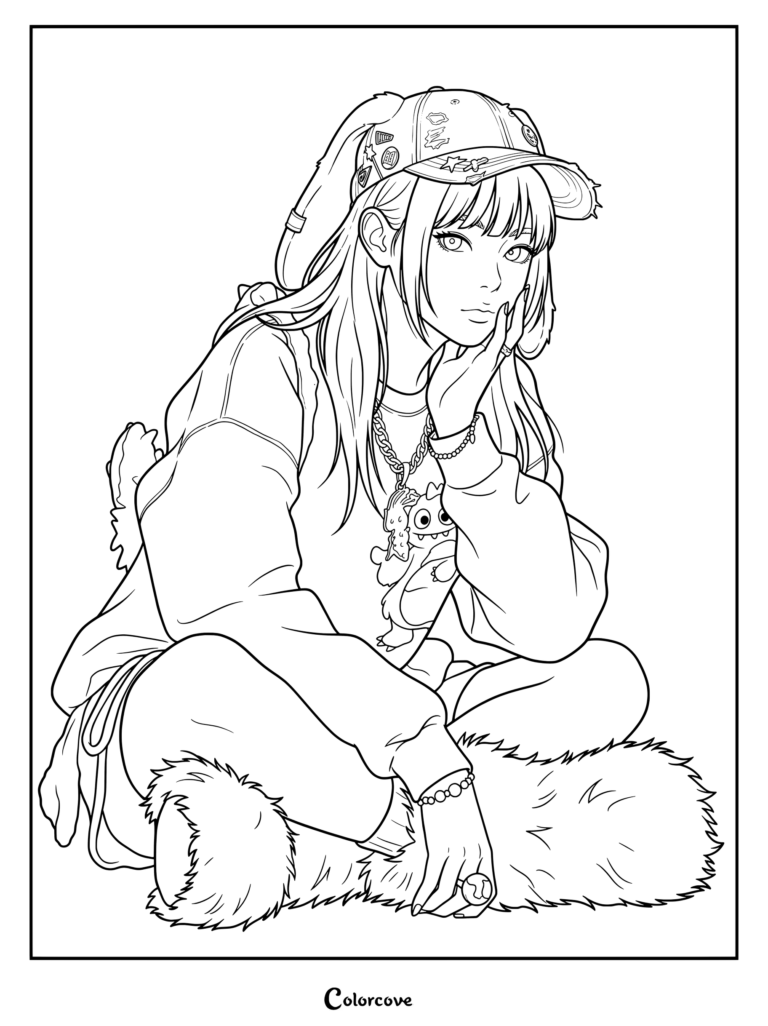 Illustration numérique d'un coloriage de Hanni de NewJeans dans une pose décontractée.