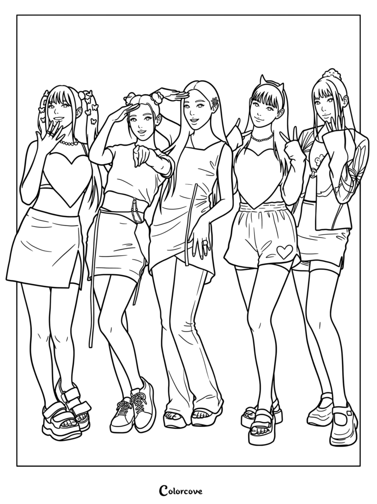 Les membres de NewJeans posant ensemble dans des tenues tendance pour un coloriage à imprimer.