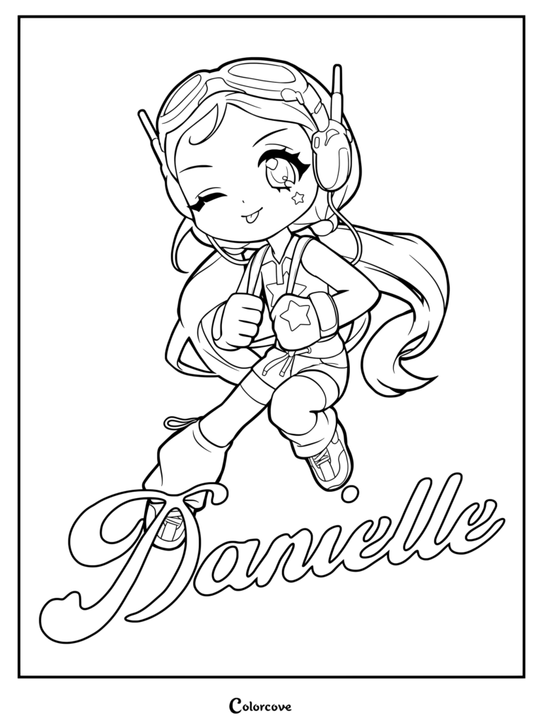 Coloriage de Danielle présentant un personnage style anime avec des lunettes de protection et un casque audio.