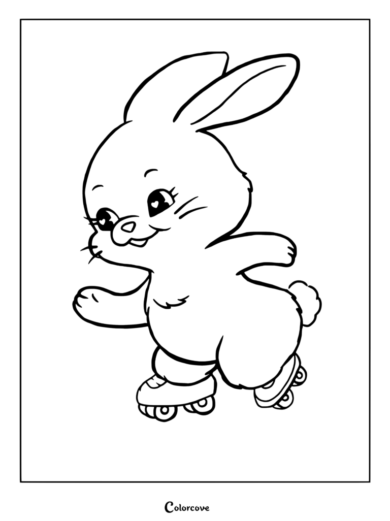 Le personnage Tokki de NewJeans faisant du patin à roulettes sur un coloriage à imprimer.