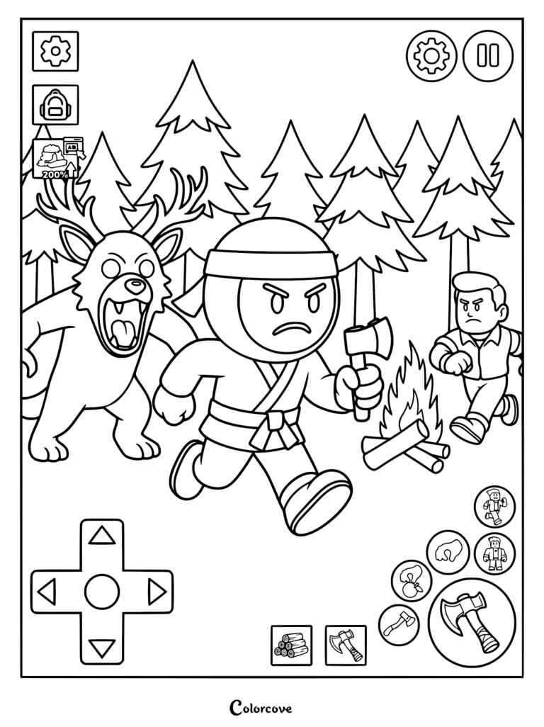A printable coloring page featuring a deer chasing a ninja through a dark forest, with a man running past a campfire.