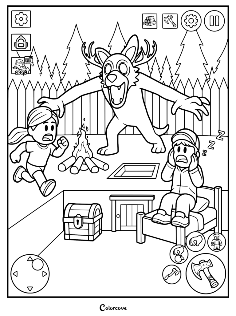 A printable coloring page featuring a deer hunting two players in a dark jungle survival game setting with a campfire and bed.