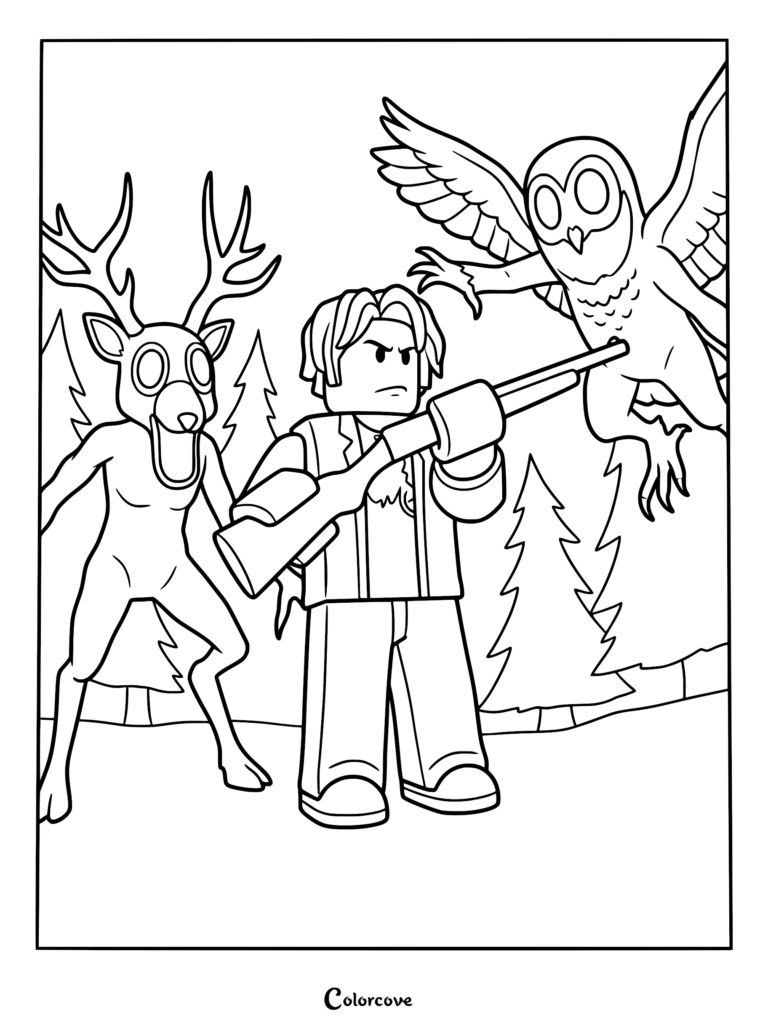 A printable coloring page featuring the 99 Nights in the Forest player character holding a rifle, standing between a deer and an owl in a forest setting.