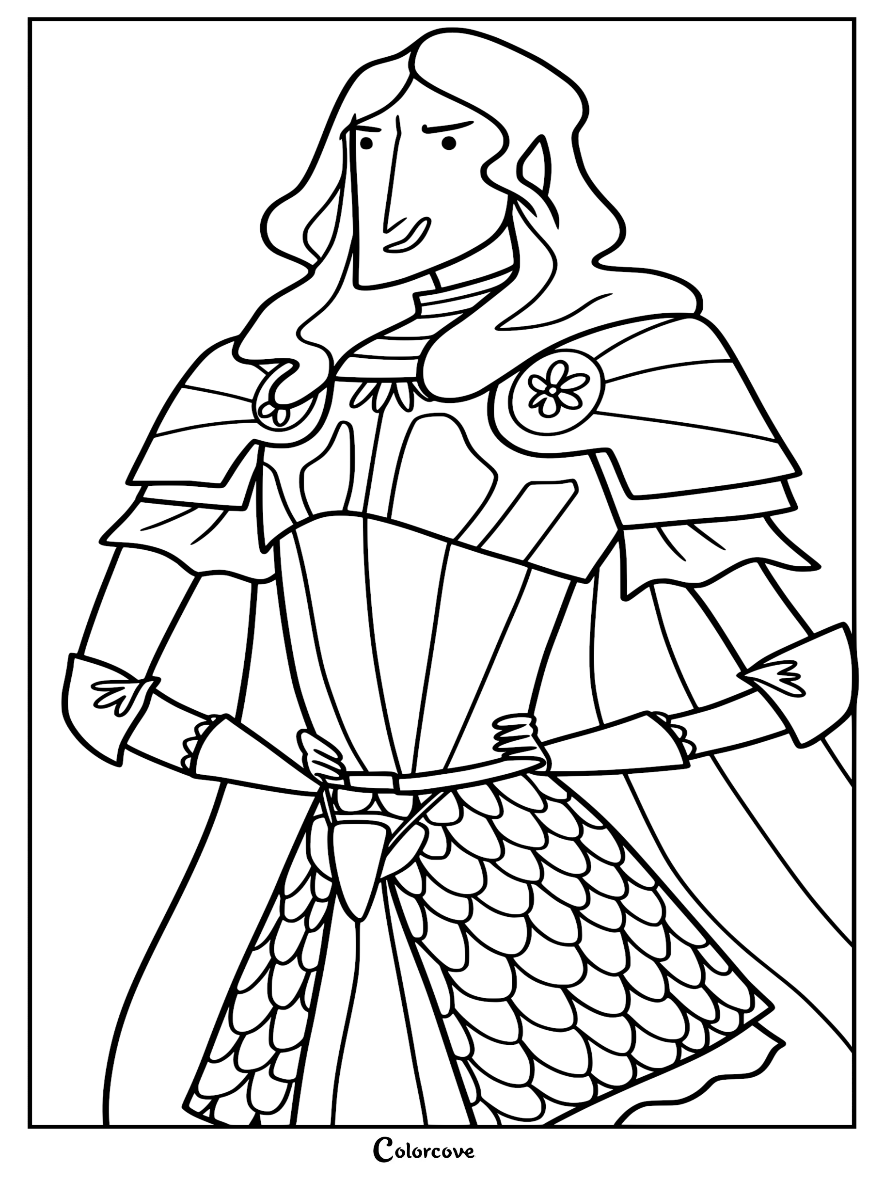 Ambrosius Goldenloin from Nimona wearing his ornate knight armor with a cape and flower-shaped shoulder clasps in this printable coloring page.