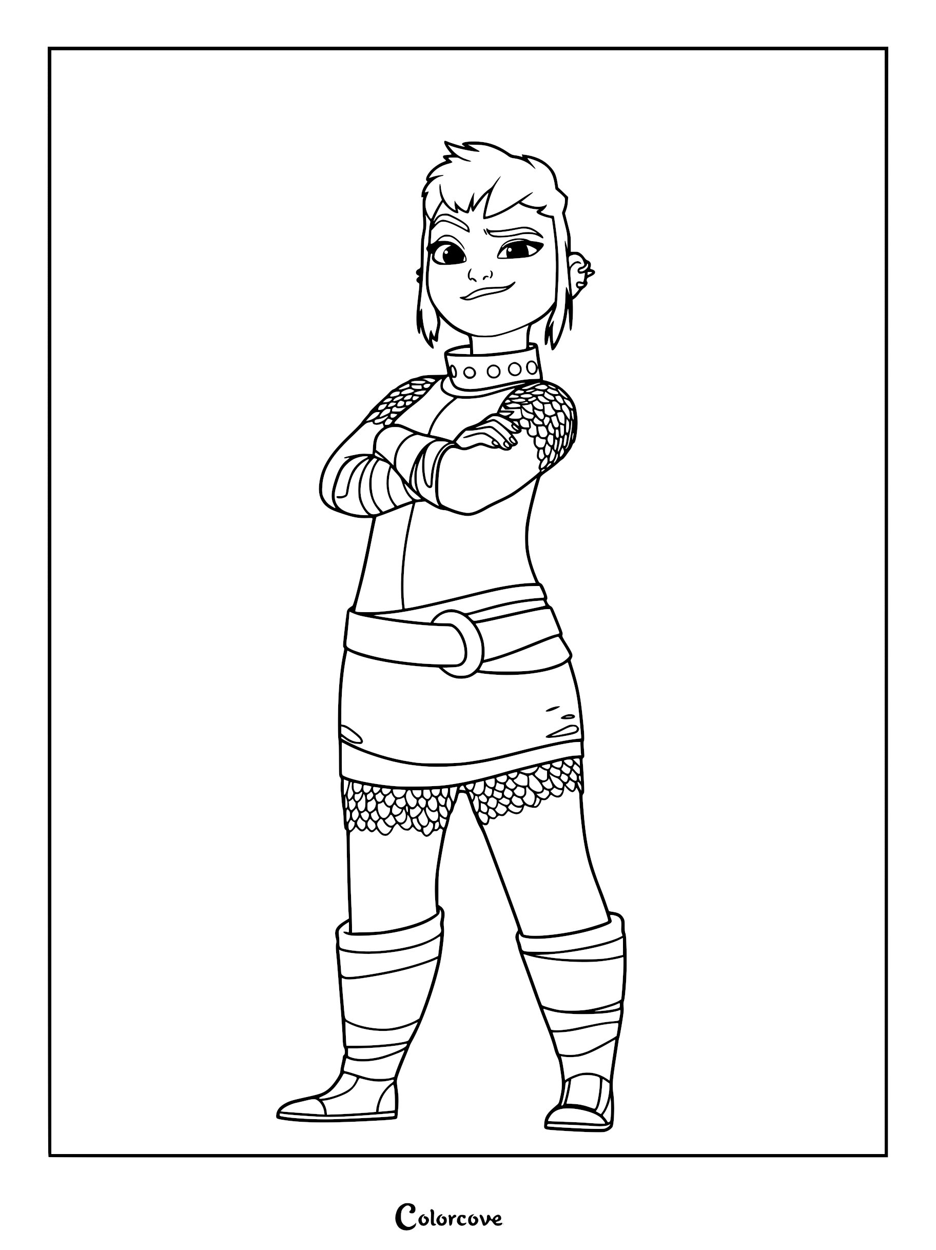 Nimona standing with arms crossed, wearing her signature tunic and chainmail armor, featured in a clean line art coloring page.