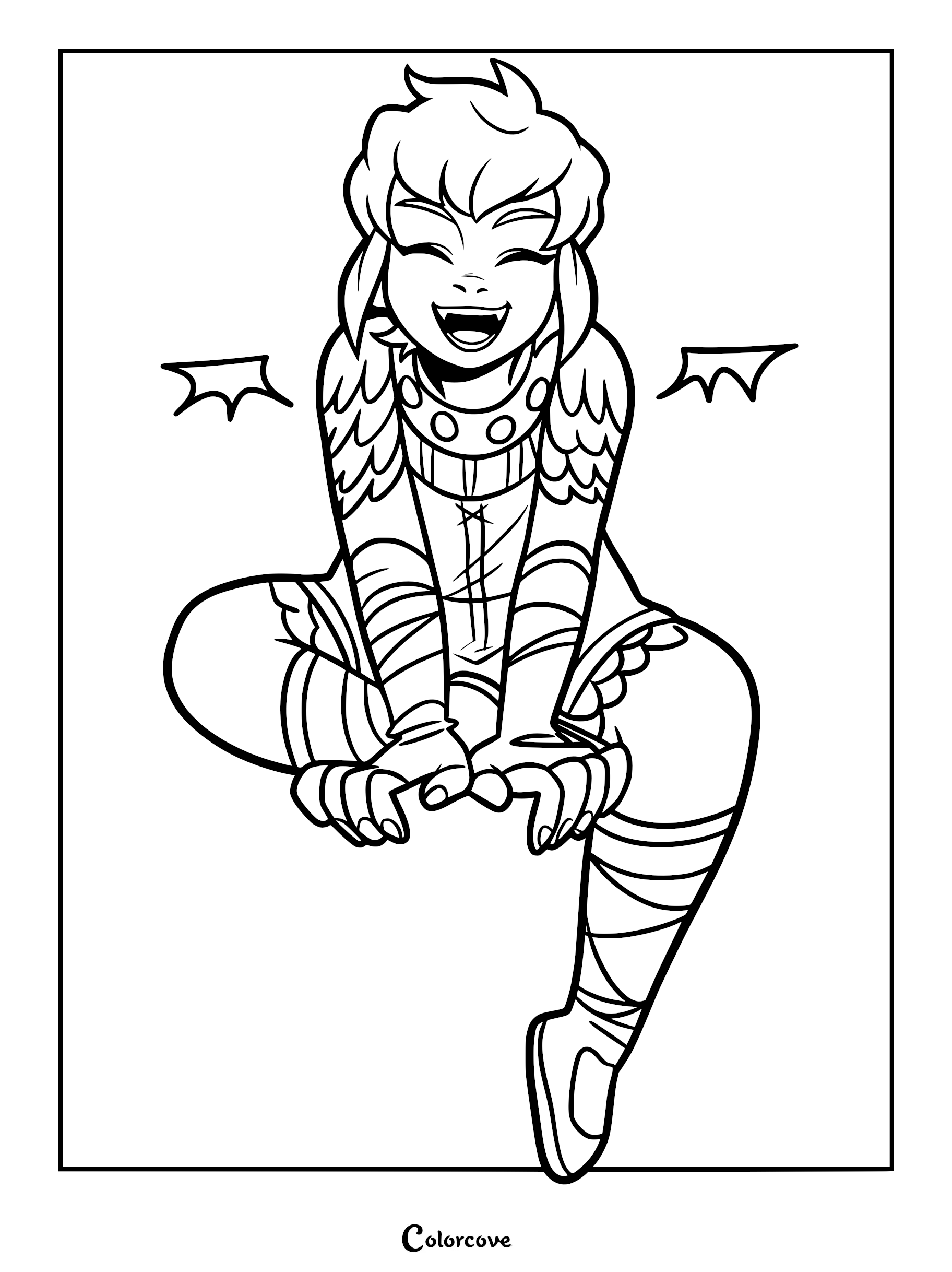 A black and white line art coloring page featuring Nimona with a joyful expression, laughing while sitting with her knees up, wearing her signature spiked collar and arm wraps.