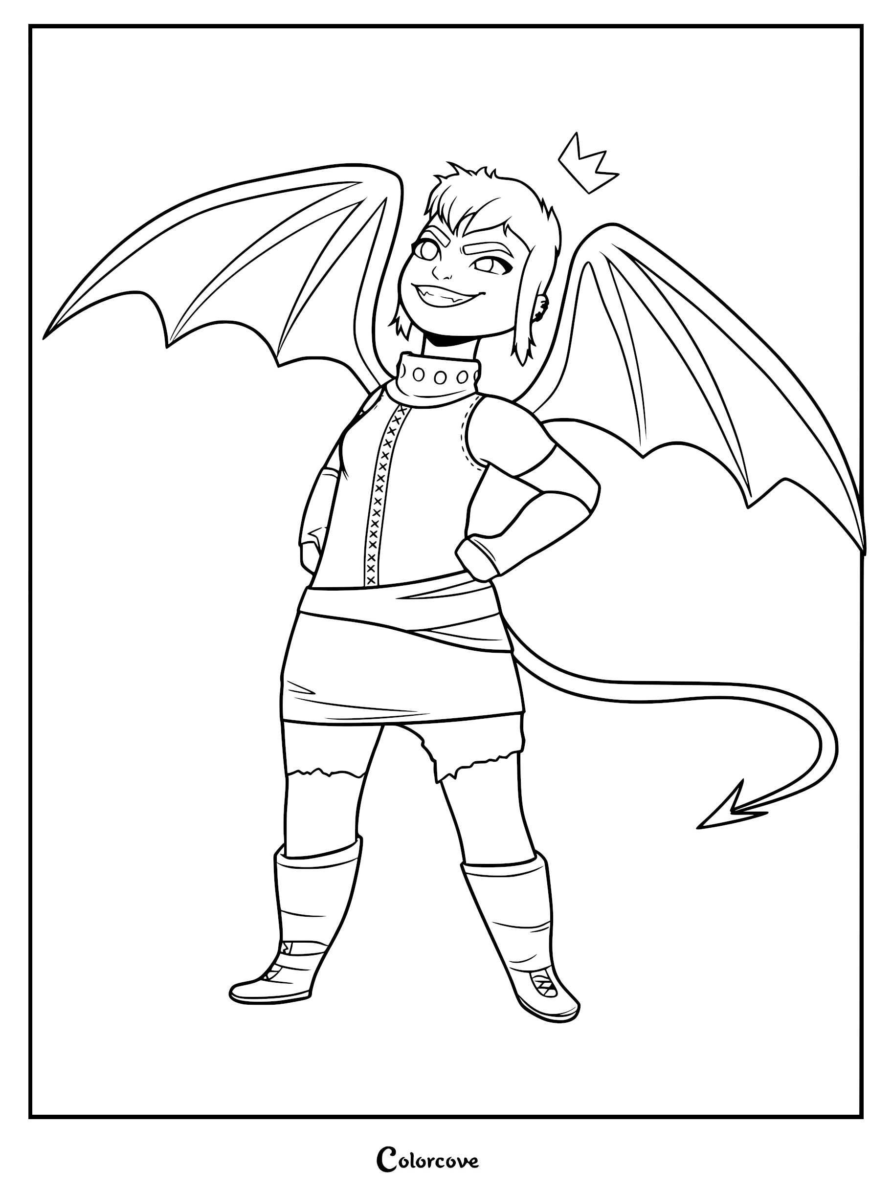 Nimona in her winged form with a small crown above her head, featured in a printable coloring page.
