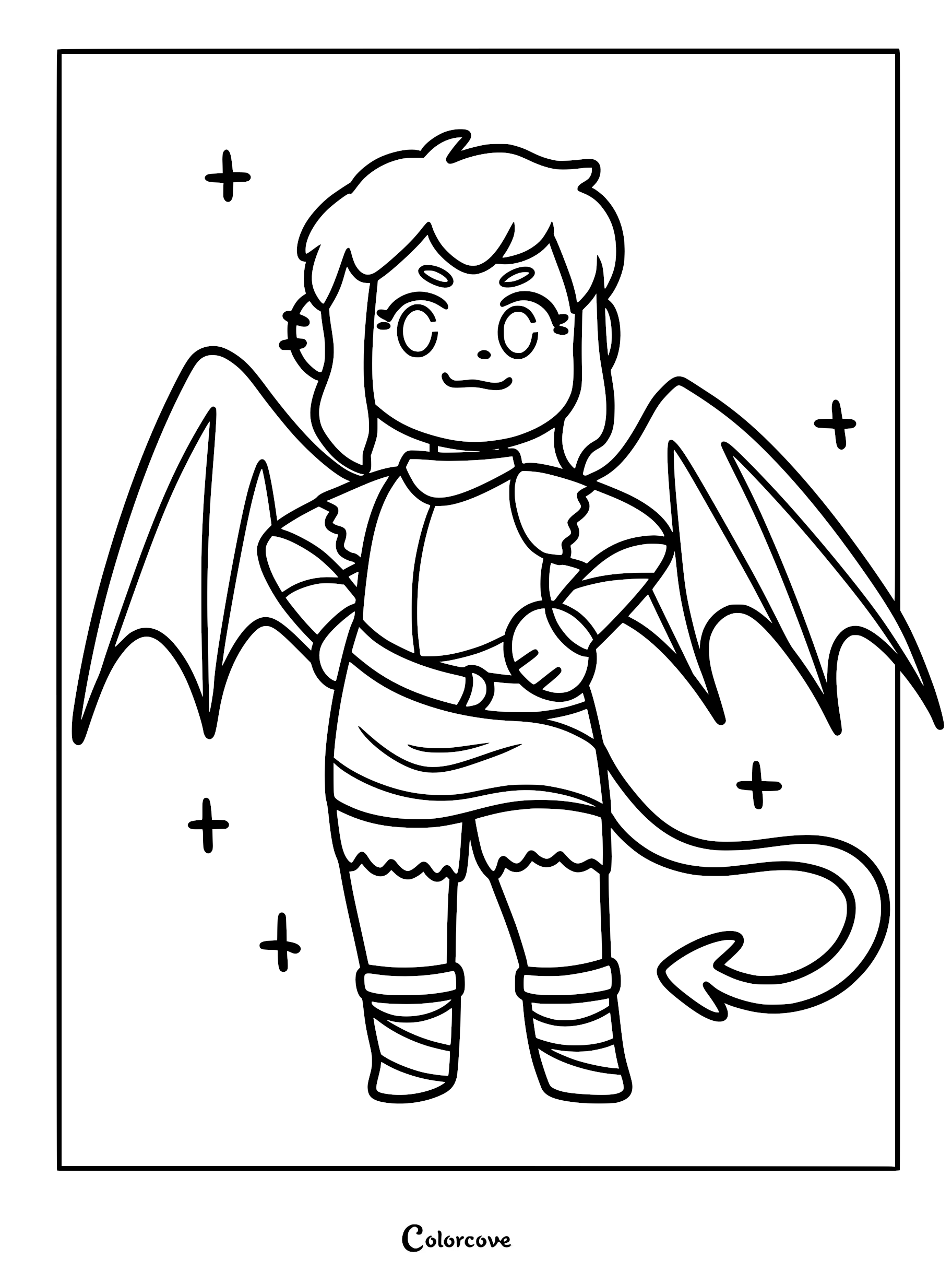A cute chibi-style Nimona coloring page featuring the shapeshifter with dragon wings and a spiked tail standing amidst floating stars.