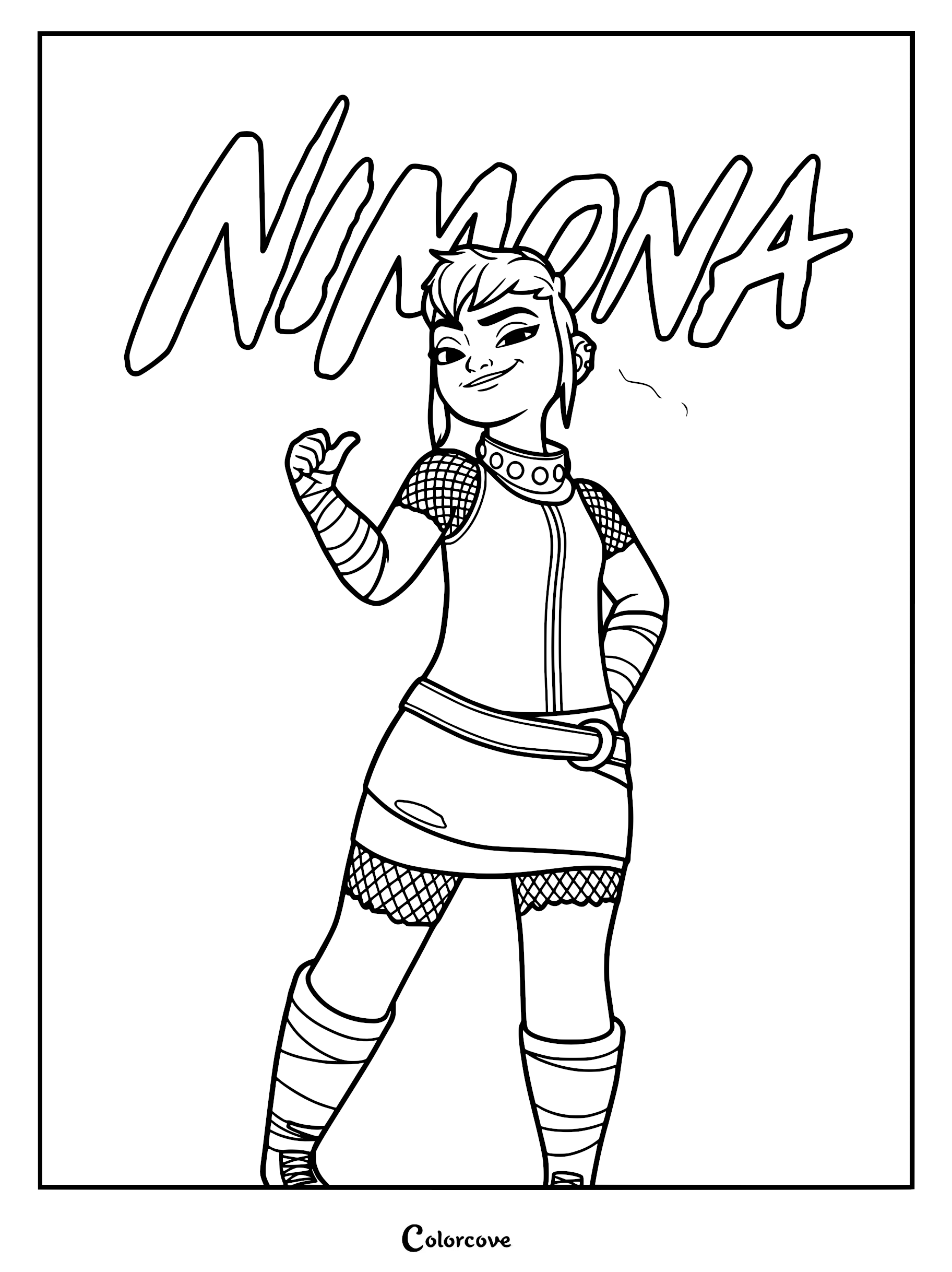 Nimona from the Netflix film standing with a confident smirk and thumbs up, featuring her signature short hair, choker, and mesh-sleeved outfit in a printable coloring page format.