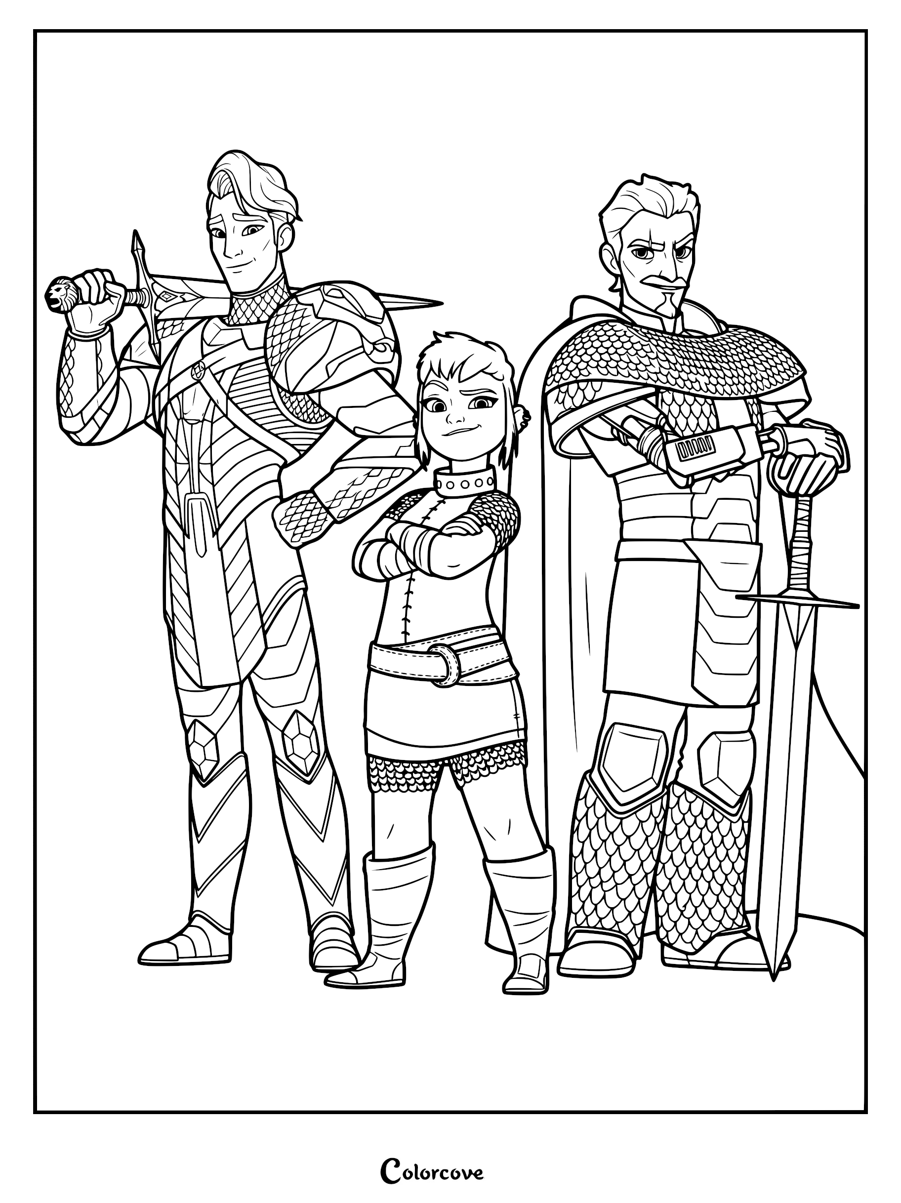 A printable coloring page featuring Nimona standing between Ambrosius Goldenloin and Ballister Boldheart, all in their knightly attire.
