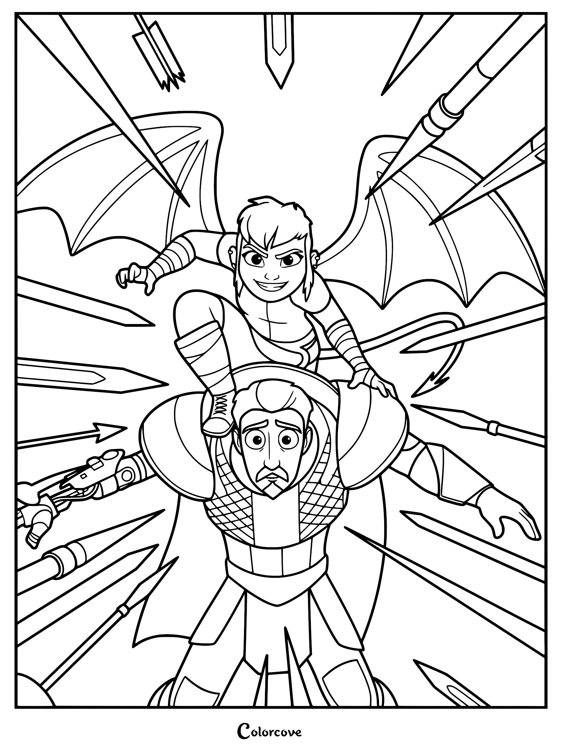 Nimona with dragon wings perched on Ballister Boldheart's shoulders amidst flying arrows and spears in this printable coloring page.