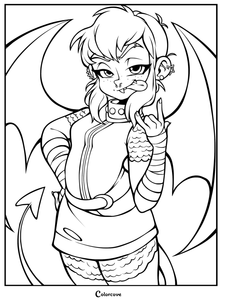 Nimona from the Netflix film with short hair, piercings, and wings, making a rock-on hand gesture in this printable coloring page.