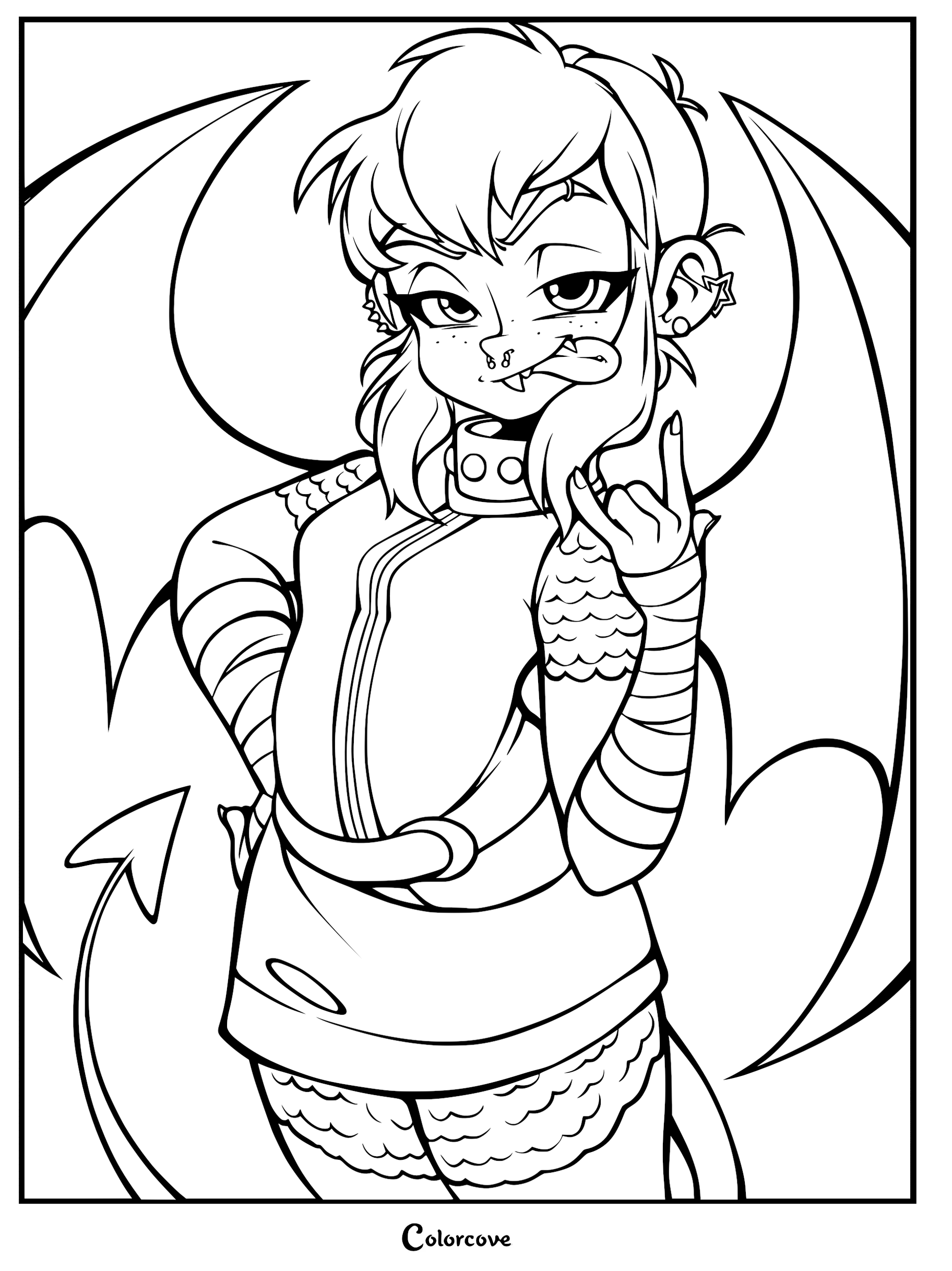 Nimona from the Netflix film with short hair, piercings, and wings, making a rock-on hand gesture in this printable coloring page.