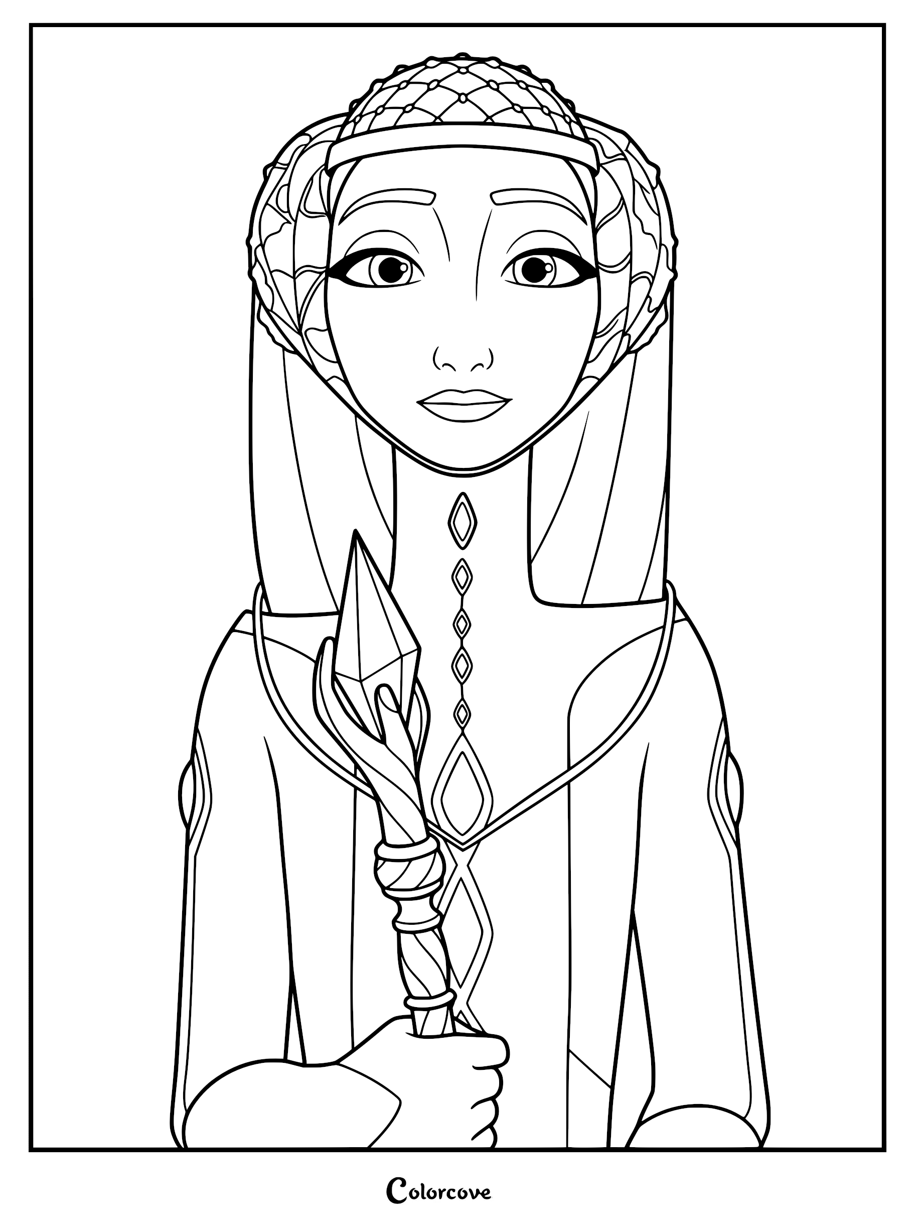 Queen Valerin from Nimona holding a royal scepter, detailed line art coloring page of the queen in her formal attire.