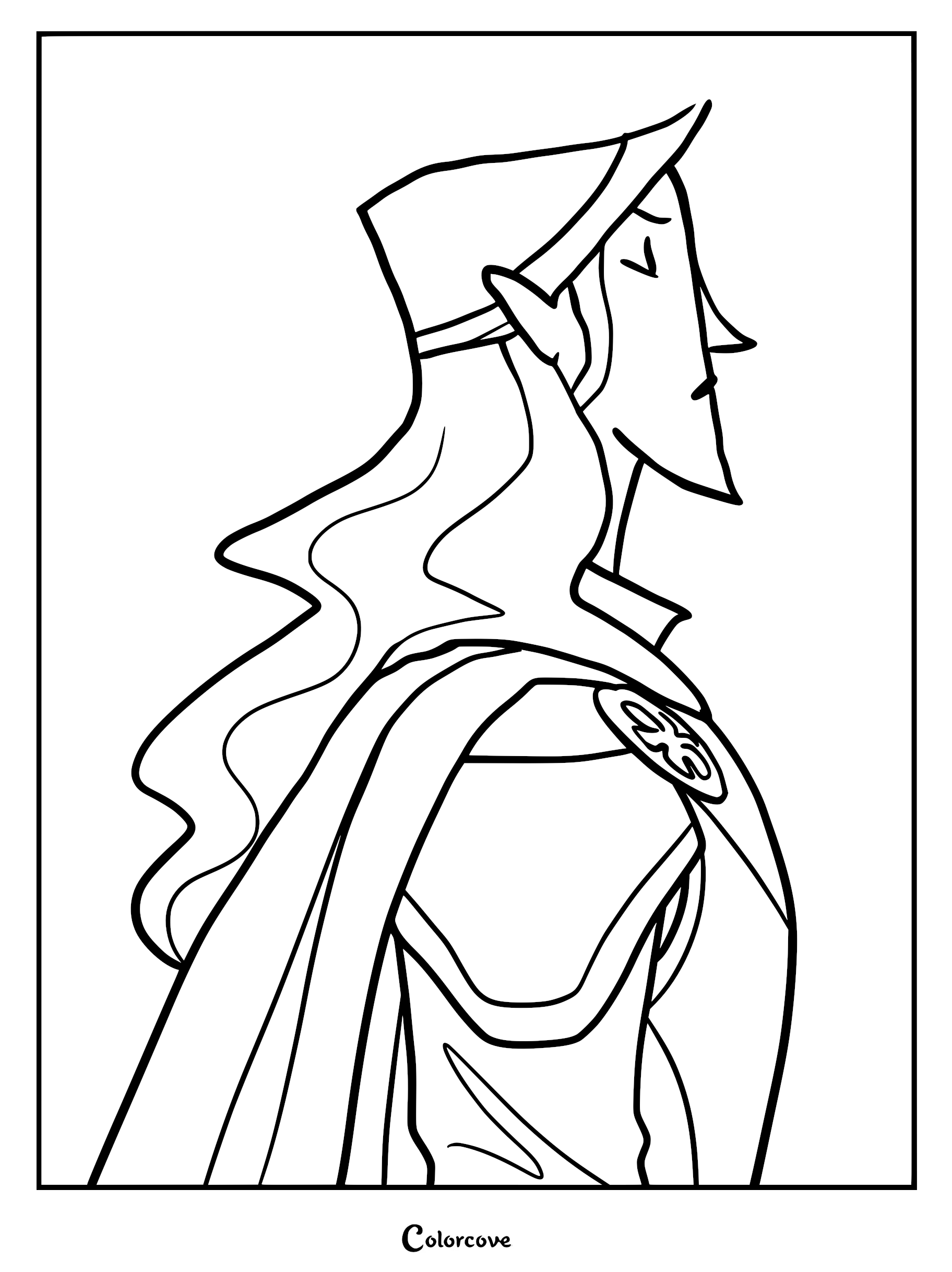 A printable coloring page featuring a side profile of Ambrosius Goldenloin from Nimona, showing his long hair, knightly armor, and cape.